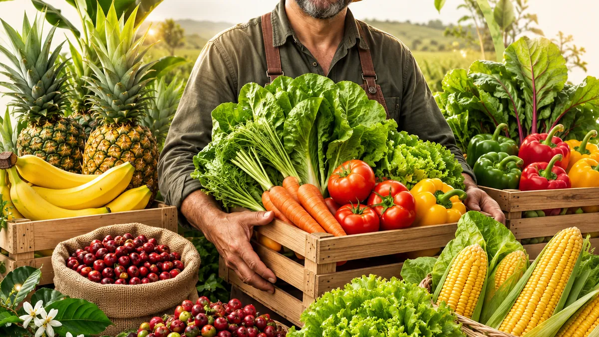 Productor con cosecha fresca y productos agrícolas
